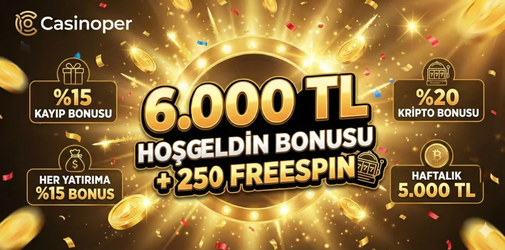 Casinoper 6000 TL hoşgeldin bonusu, 250 freespin ve yüzde 20 kripto yatırım bonusu kampanya görseli.