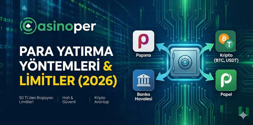 Casinoper para yatırma yöntemleri ve 2026 güncel limitler tablosu; Papara, Banka Havalesi, Kripto ve Papel yatırım seçenekleri.